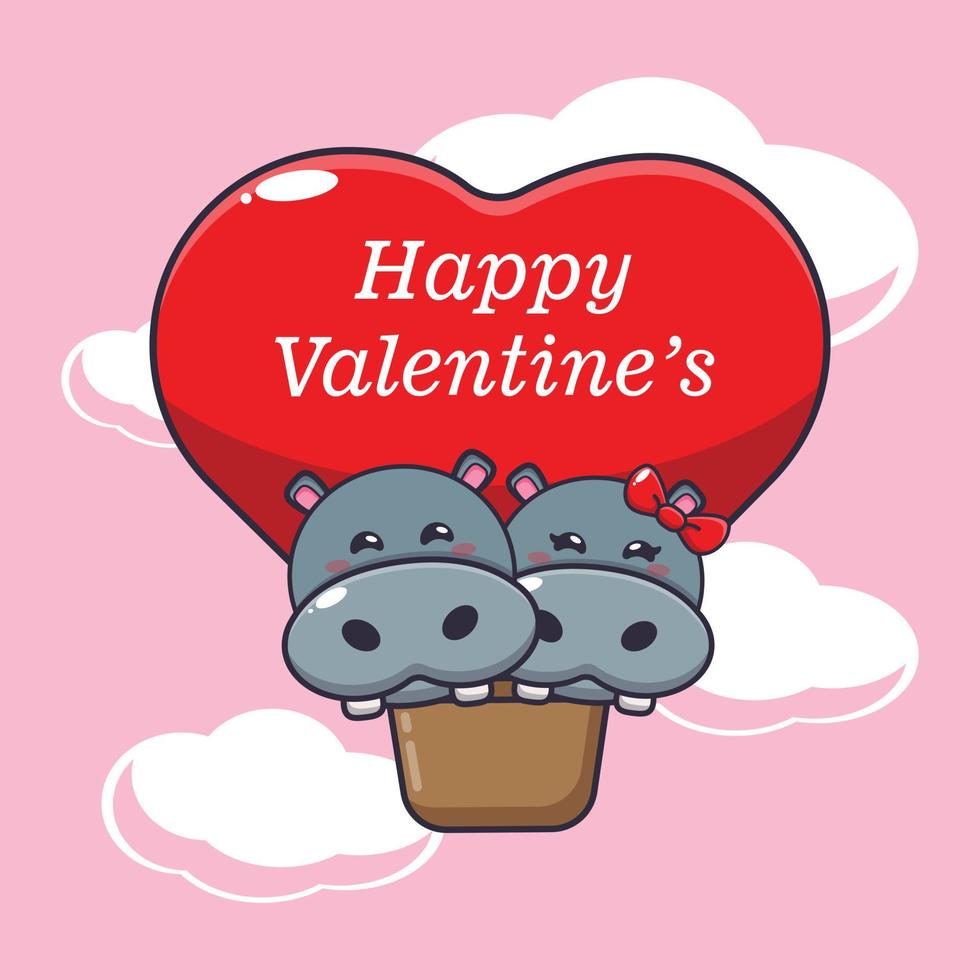 cute hippo cartoon character fly with air balloon in valentines day vector