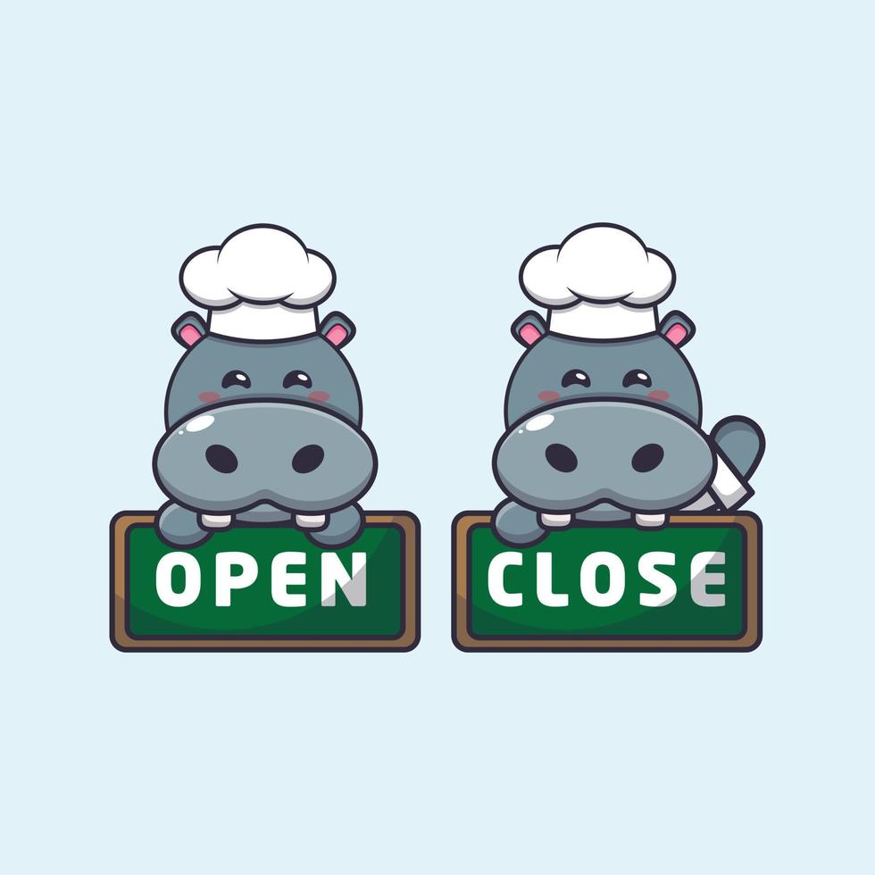 cute hippo chef mascot cartoon character with open and close board vector