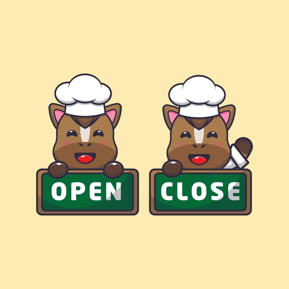 cute horse chef mascot cartoon character with open and close board vector