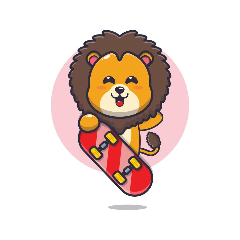 lindo personaje de dibujos animados de la mascota del león con patineta vector