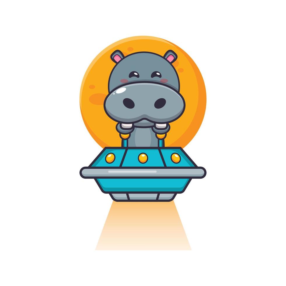 cute hippo mascot cartoon character fly with ufo vector