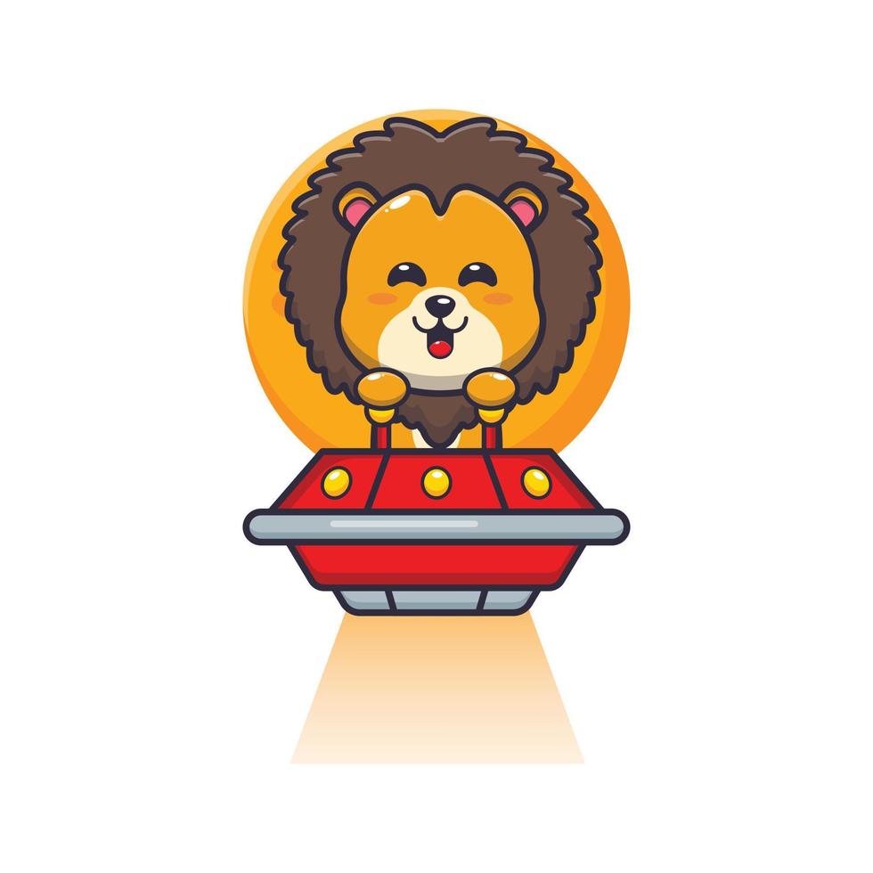 cute lion mascot cartoon character fly with ufo 7170455 Vector Art at  Vecteezy