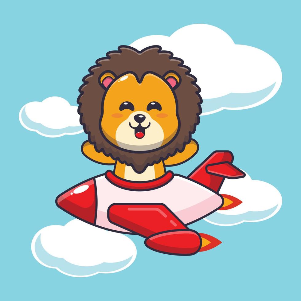 lindo león mascota personaje de dibujos animados paseo en avión jet vector