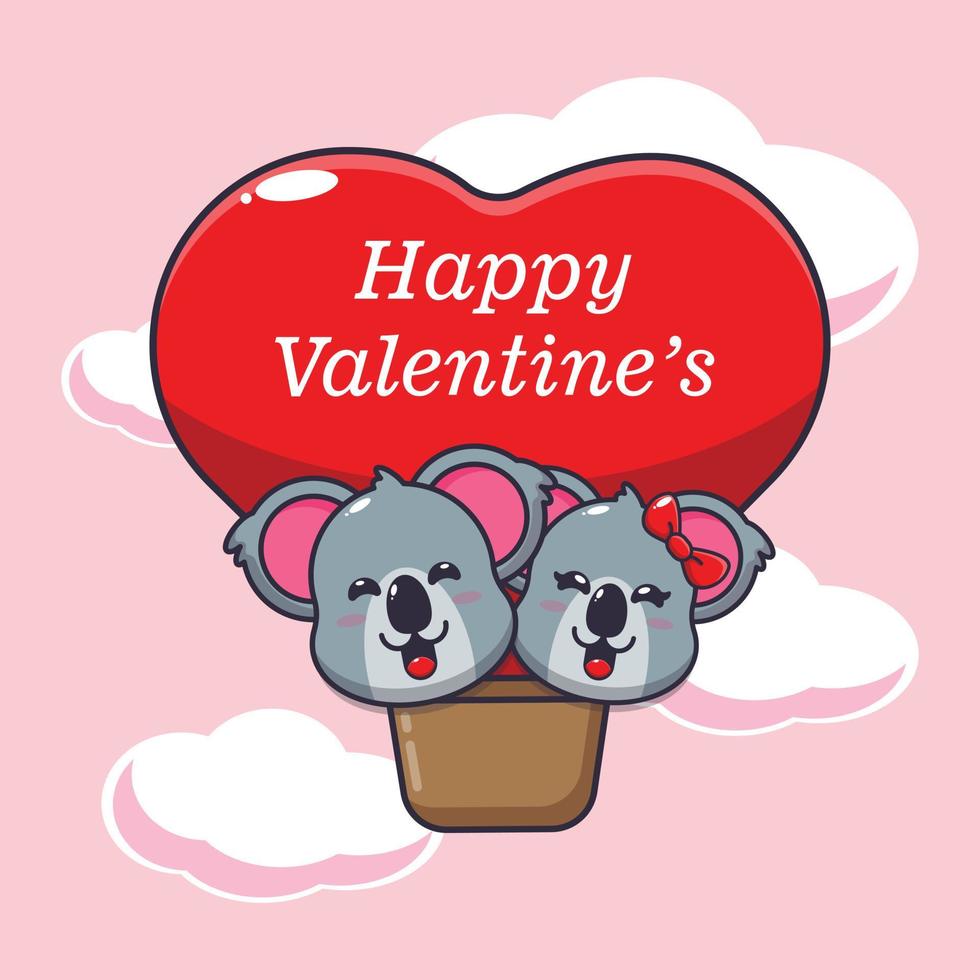 cute koala cartoon character fly with air balloon in valentines day vector