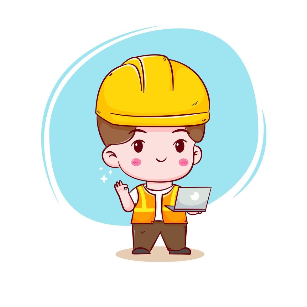 Cute Engineer construction worker holding laptop hand drawn cartoon vector