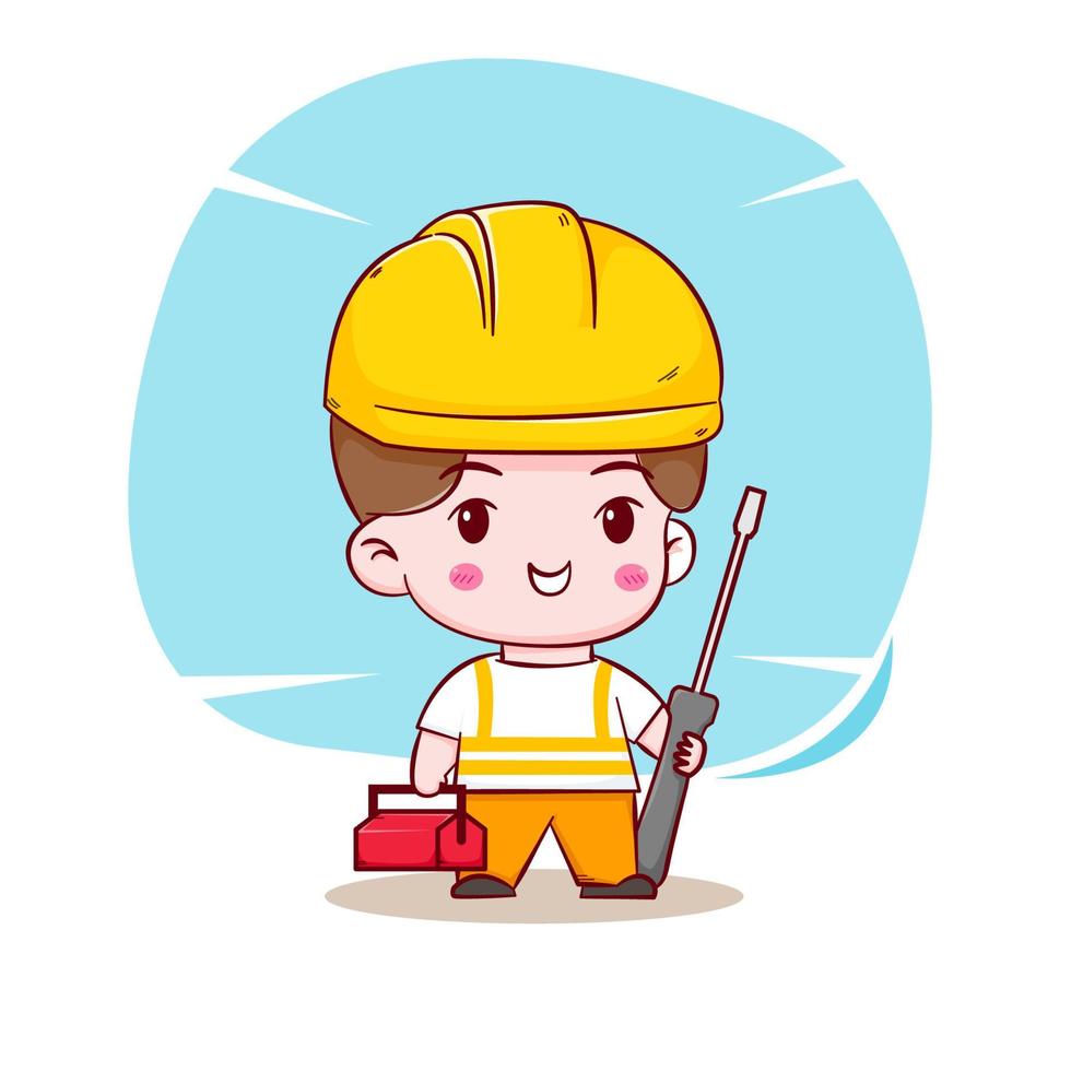 Cute Engineer construction worker concept hand drawn cartoon vector