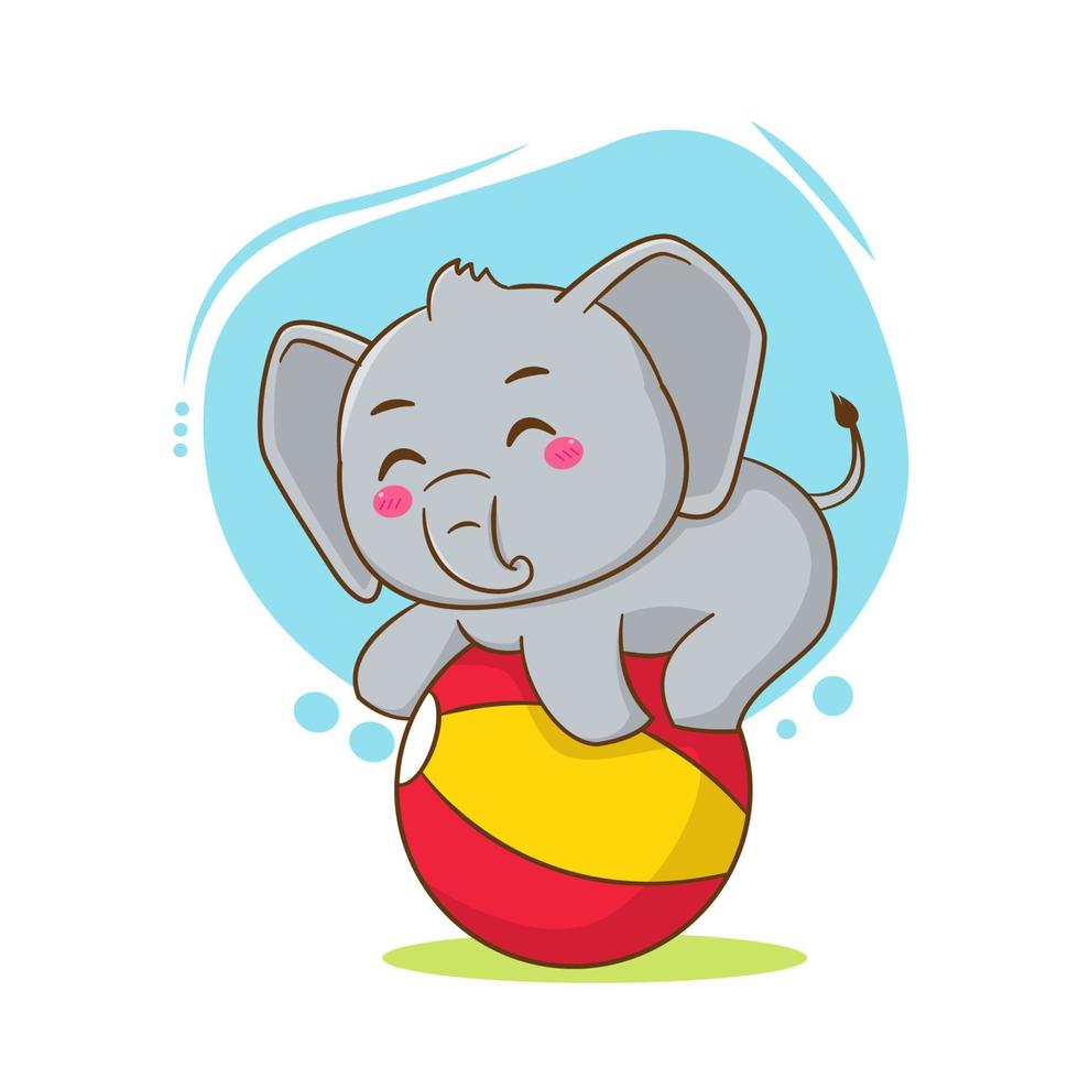 cartoon illustration of cute elephant character playing with ball vector