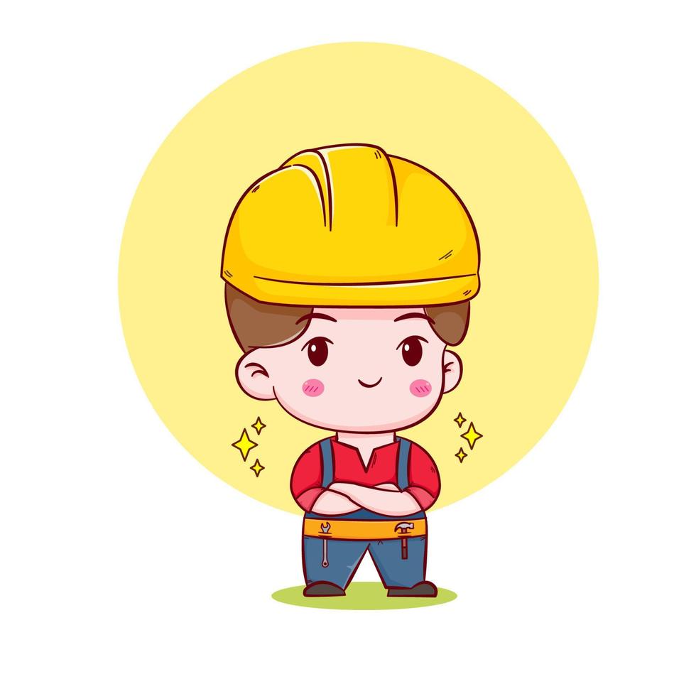 Cute Engineer construction worker concept hand drawn cartoon vector