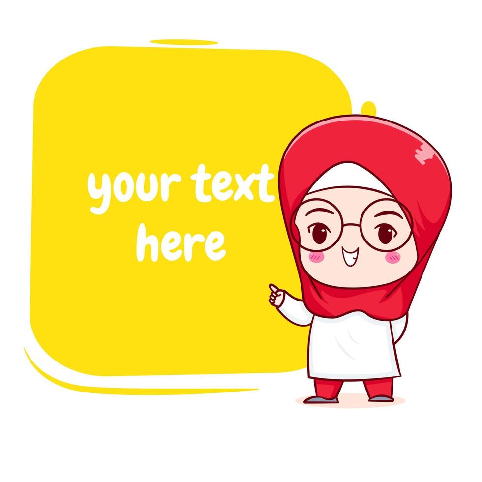 Cute moslem girl with bubble text chibi cartoon character hand drawn illustration vector