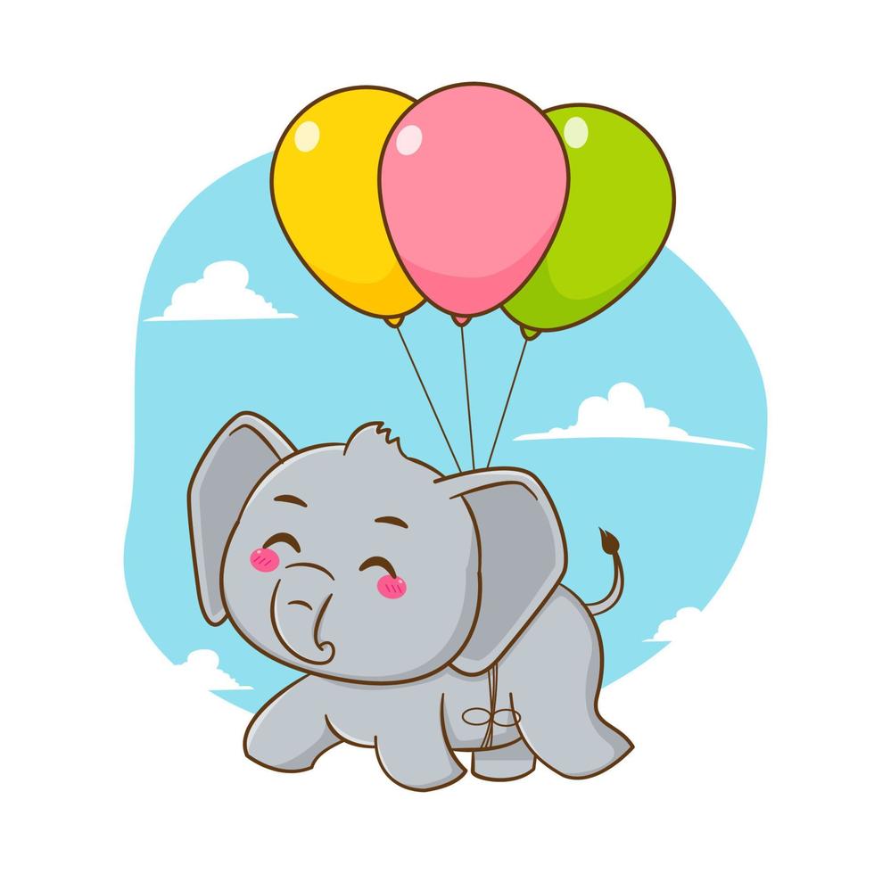 cartoon illustration of cute elephant character flying with balloons vector