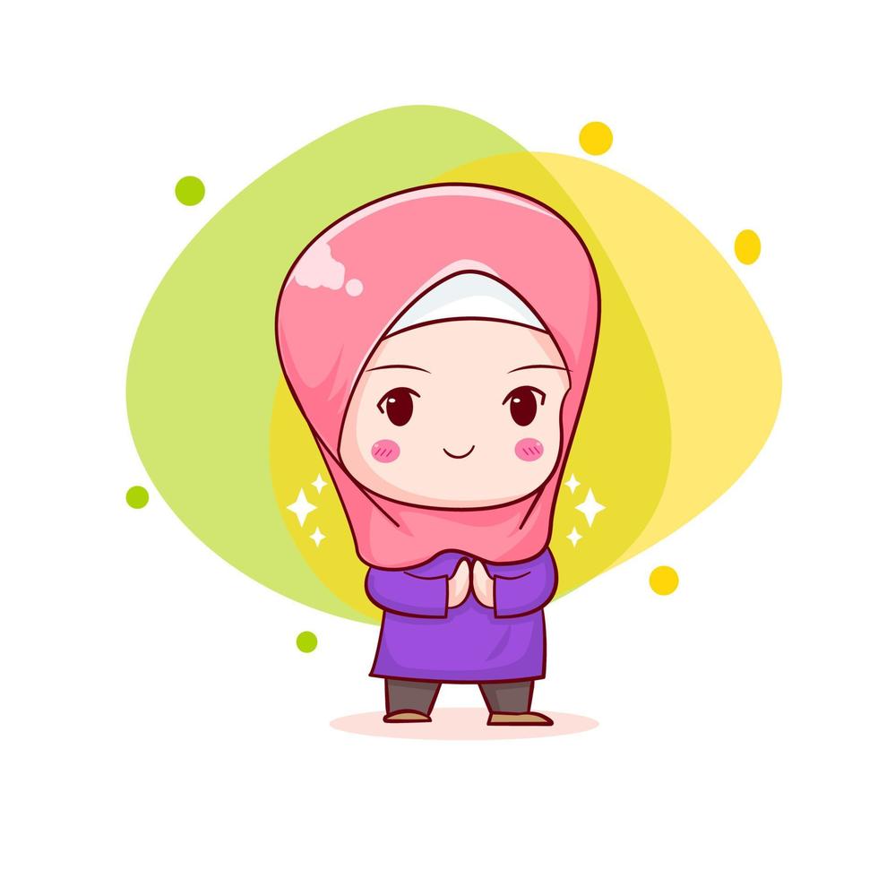 Cute moslem girl greeting pose chibi cartoon character hand drawn illustration vector