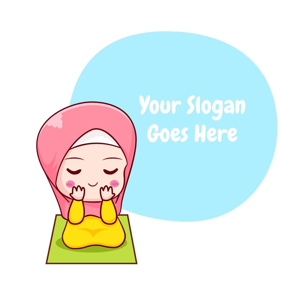 Cute moslem girl praying with bubble text chibi cartoon character hand drawn illustration vector
