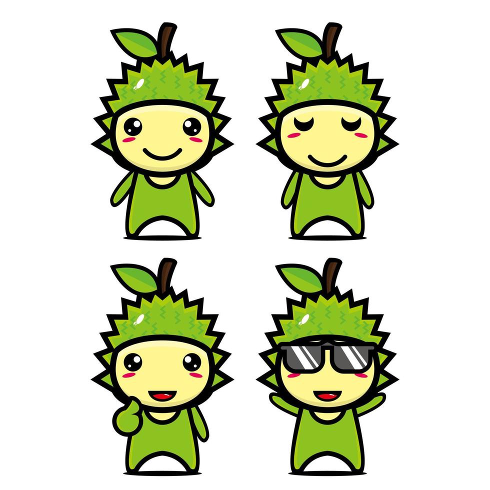 Set collection of cute durian mascot design character. Isolated on a white background. Cute character mascot logo idea bundle concept vector