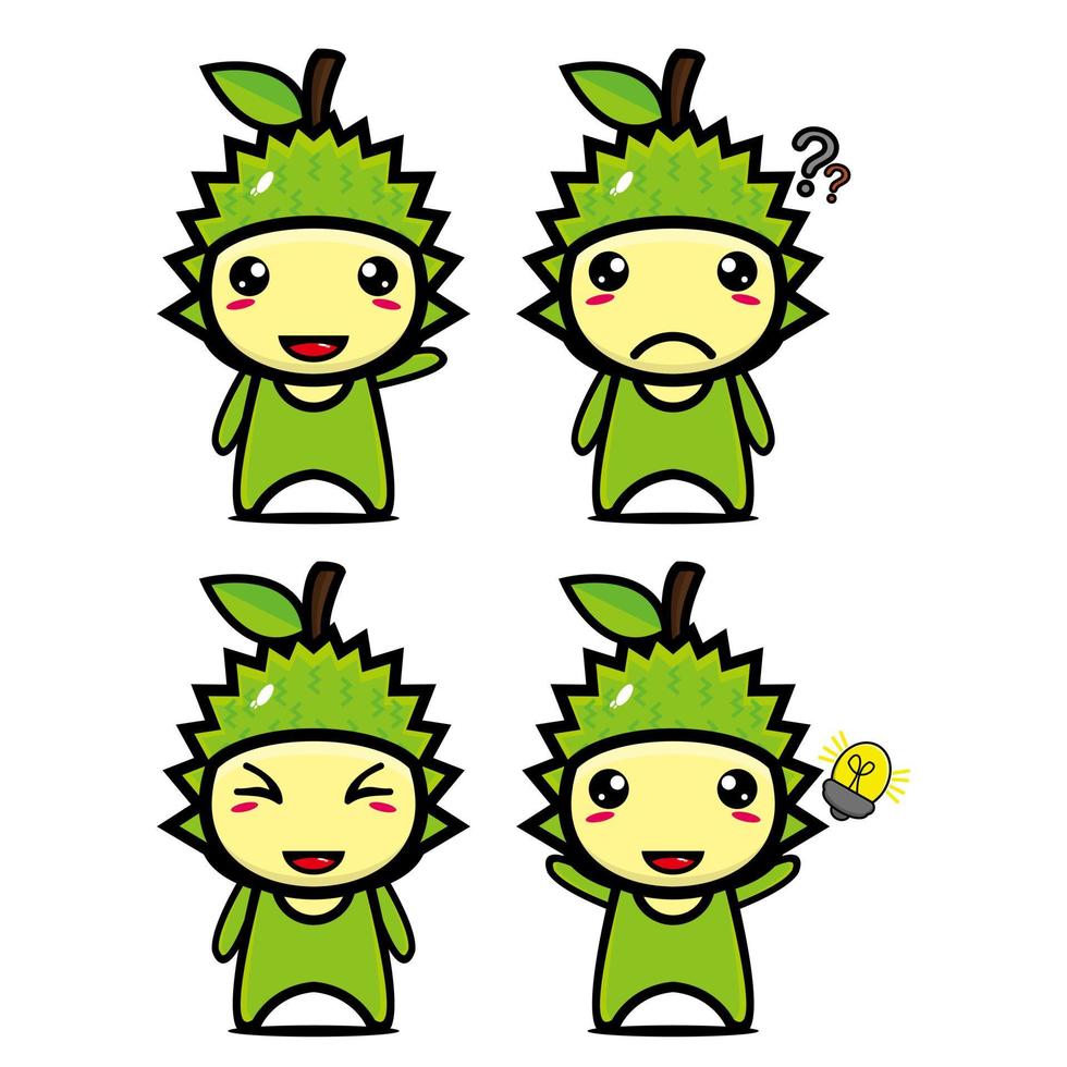 Set collection of cute durian mascot design character. Isolated on a white background. Cute character mascot logo idea bundle concept vector