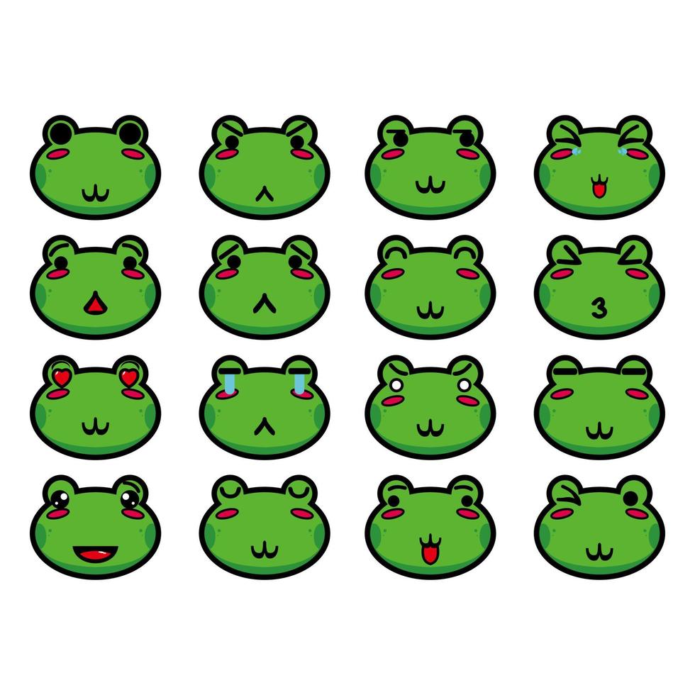 Set collection of cute head frog mascot design character. Isolated on a white background. Cute character mascot logo idea bundle concept vector