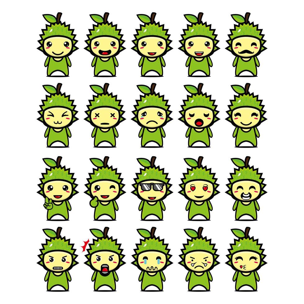 Set collection of cute durian mascot design character. Isolated on a white background. Cute character mascot logo idea bundle concept vector