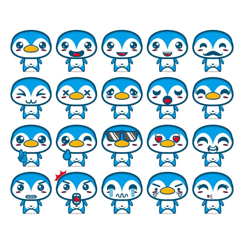 establecer una colección de lindos personajes de diseño de mascotas de pingüinos. Aislado en un fondo blanco. concepto de paquete de idea de logotipo de mascota de personaje lindo vector