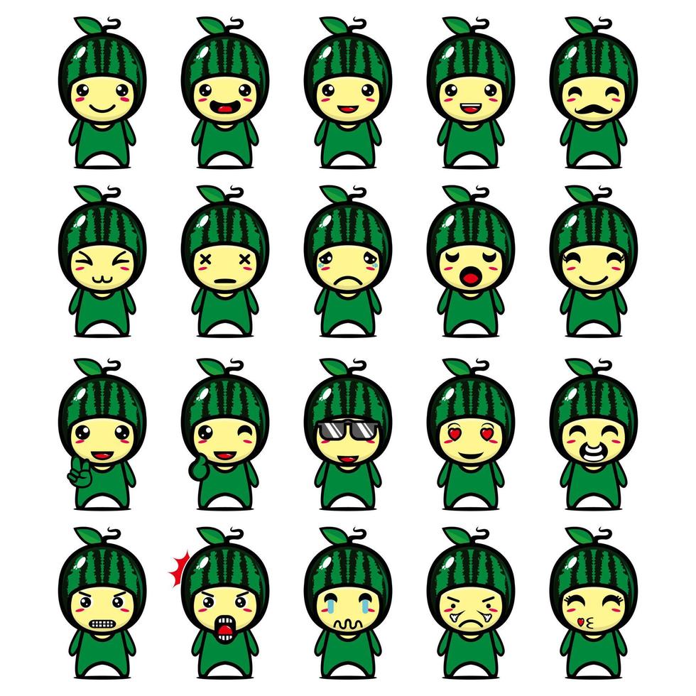 Set collection of cute watermelon mascot design. Isolated on a white background. Cute character mascot logo idea bundle concept vector