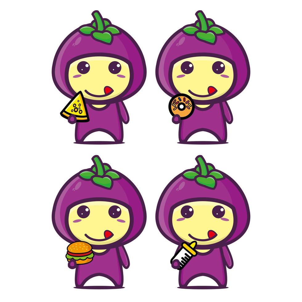 Set collection of cute mangosteen mascot design character. Isolated on a white background. Cute character mascot logo idea bundle concept vector