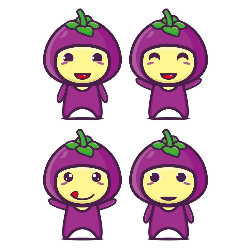 Set collection of cute mangosteen mascot design character. Isolated on a white background. Cute character mascot logo idea bundle concept vector