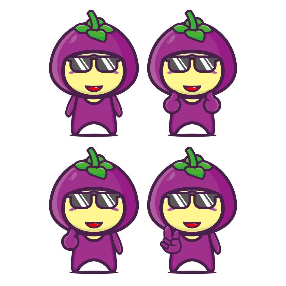 Set collection of cute mangosteen mascot design character. Isolated on a white background. Cute character mascot logo idea bundle concept vector