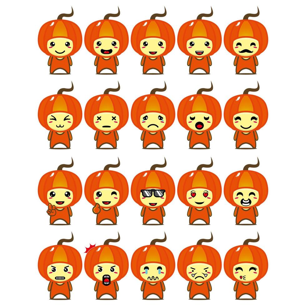 Set collection of cute pumpkin mascot design character. Isolated on a white background. Cute character mascot logo idea bundle concept vector