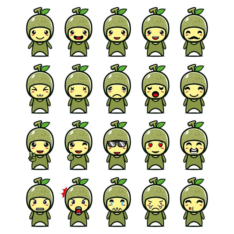 Set collection of cute melon mascot design character. Isolated on a white background. Cute character mascot logo idea bundle concept vector