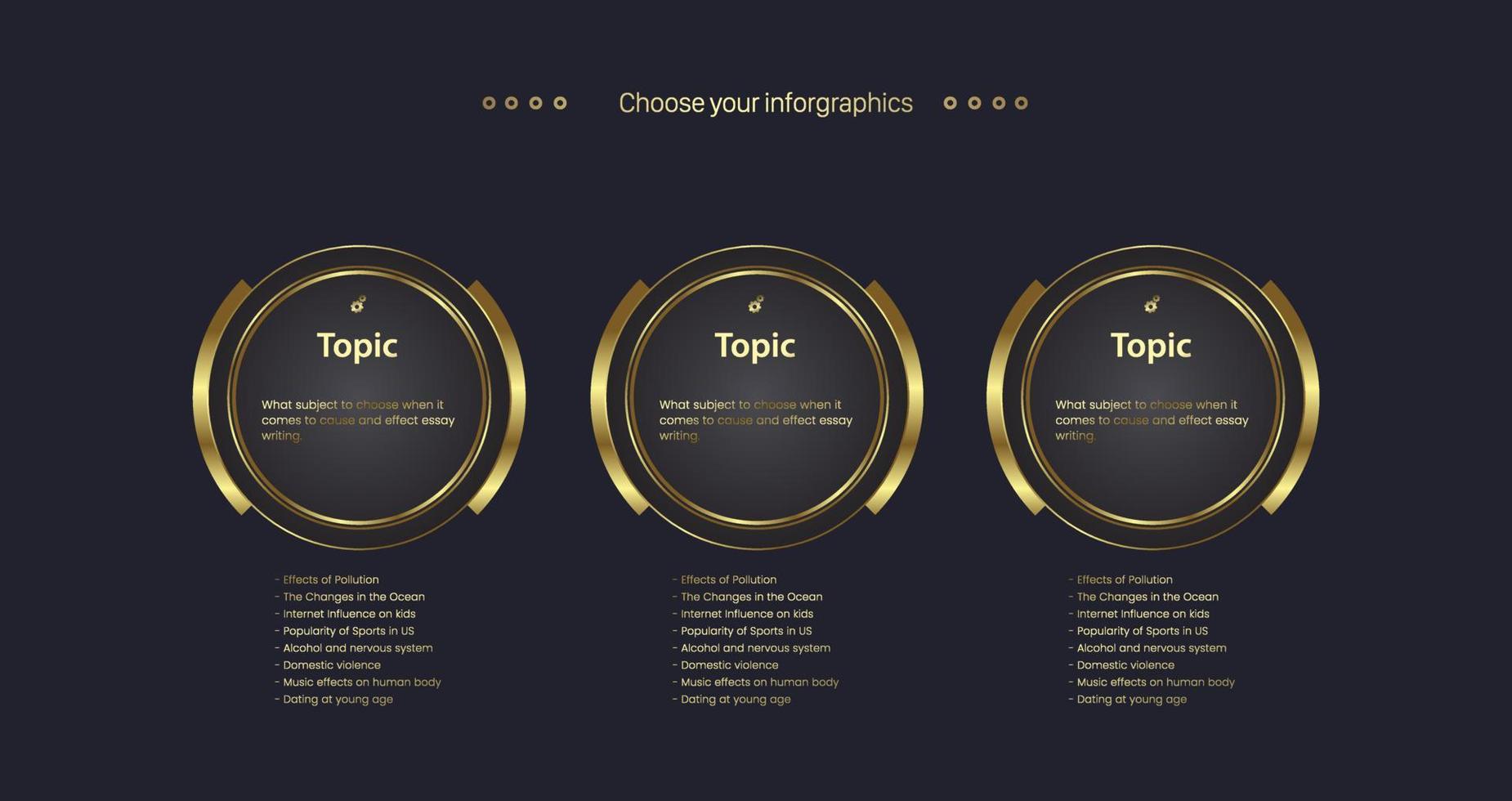 Circle Luxury infographic options template design with three Golden circle Vector in dark color and used for finance work flow and step of temwork presentation objects using, vector, illustration