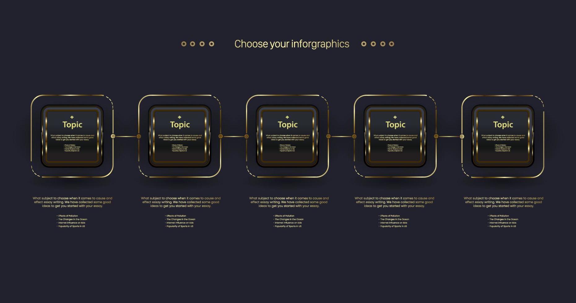 The Best Dark Luxury Steps buttons Infographic with FIVE options process, a golden rectangle objects chart on dark background, workflow design for business and finanial elements vector