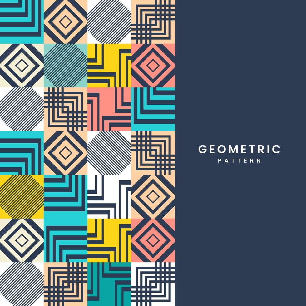 diseño textil geométrico sobre fondo azul oscuro, un patrón moderno formas geométricas con estilo colorista, amarillo, azul, crema, rosa. útil para vales, afiches, volantes y plantillas de pancartas vector