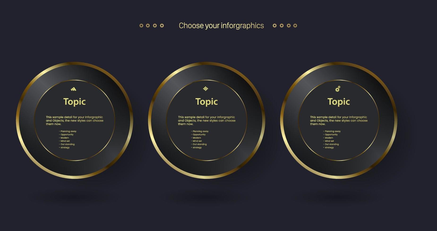 THREE Golden multipurpose Infographic  Vector  template with Three elements options and Premium golden version on a dark background with 3 golden info chart template design
