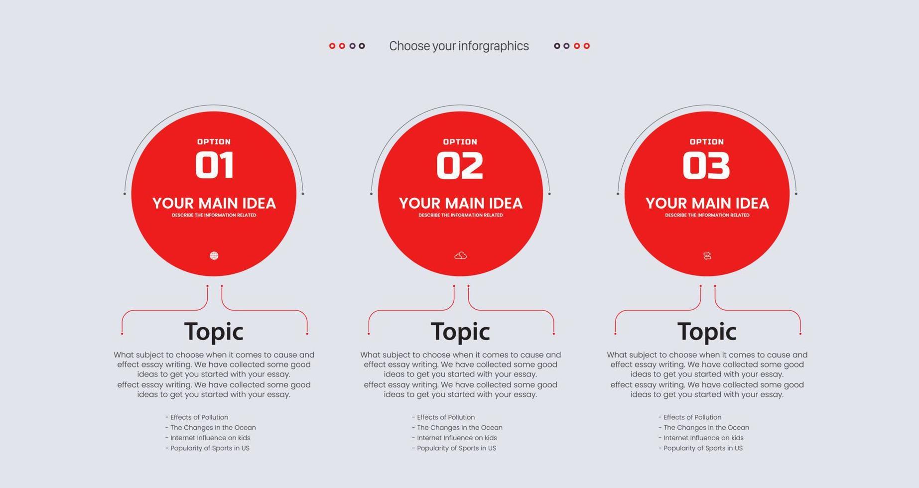 Three circle Options of infographic in red colors templates design vector