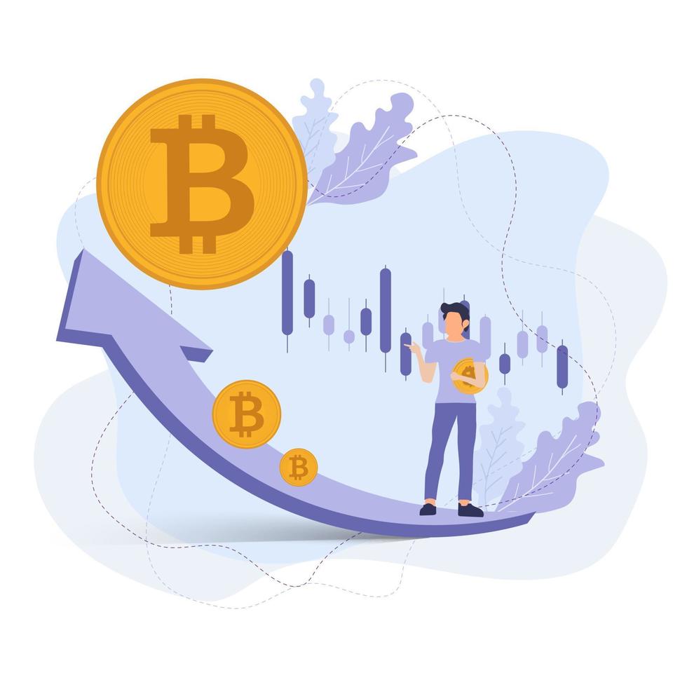 hombre inteligente que sostiene la moneda de bitcoins en la flecha de tendencia ascendente, color púrpura de la ilustración abstracta sobre fondo blanco, concepto criptográfico, vector de pagos, diseño de ilustración