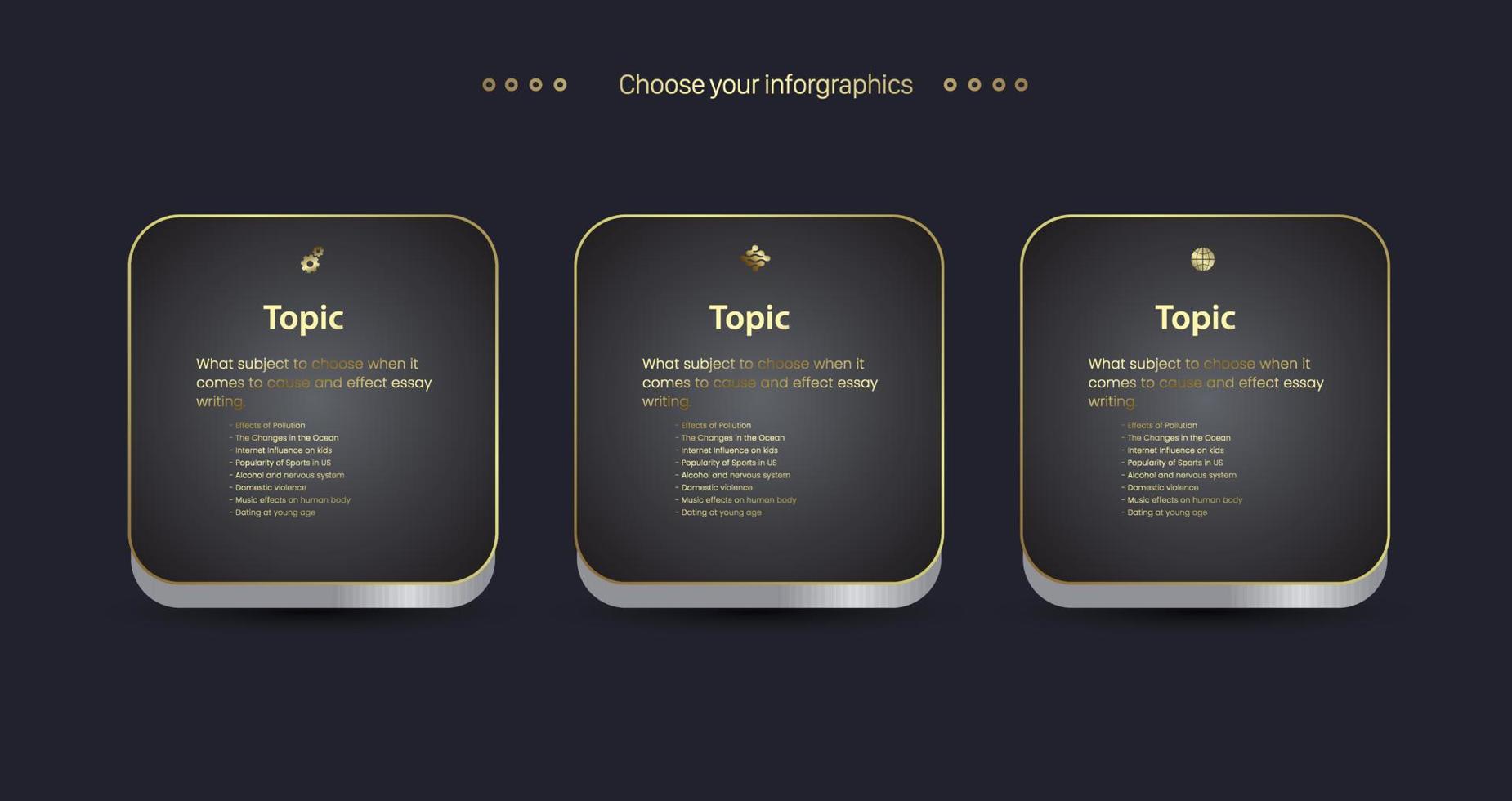 Modern Luxury Golden rectangle buttons of Infographic design and template in Three options and Premium golden charts on a dark background in vector, illustration design vector