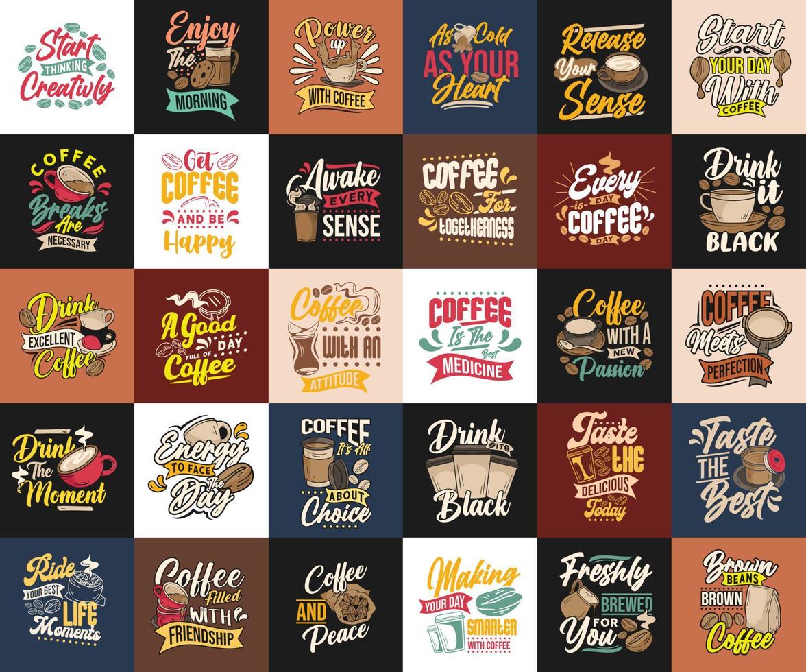 conjunto de citas de tipografía de arte de café, paquete de diseños de camisetas de café vintage vector