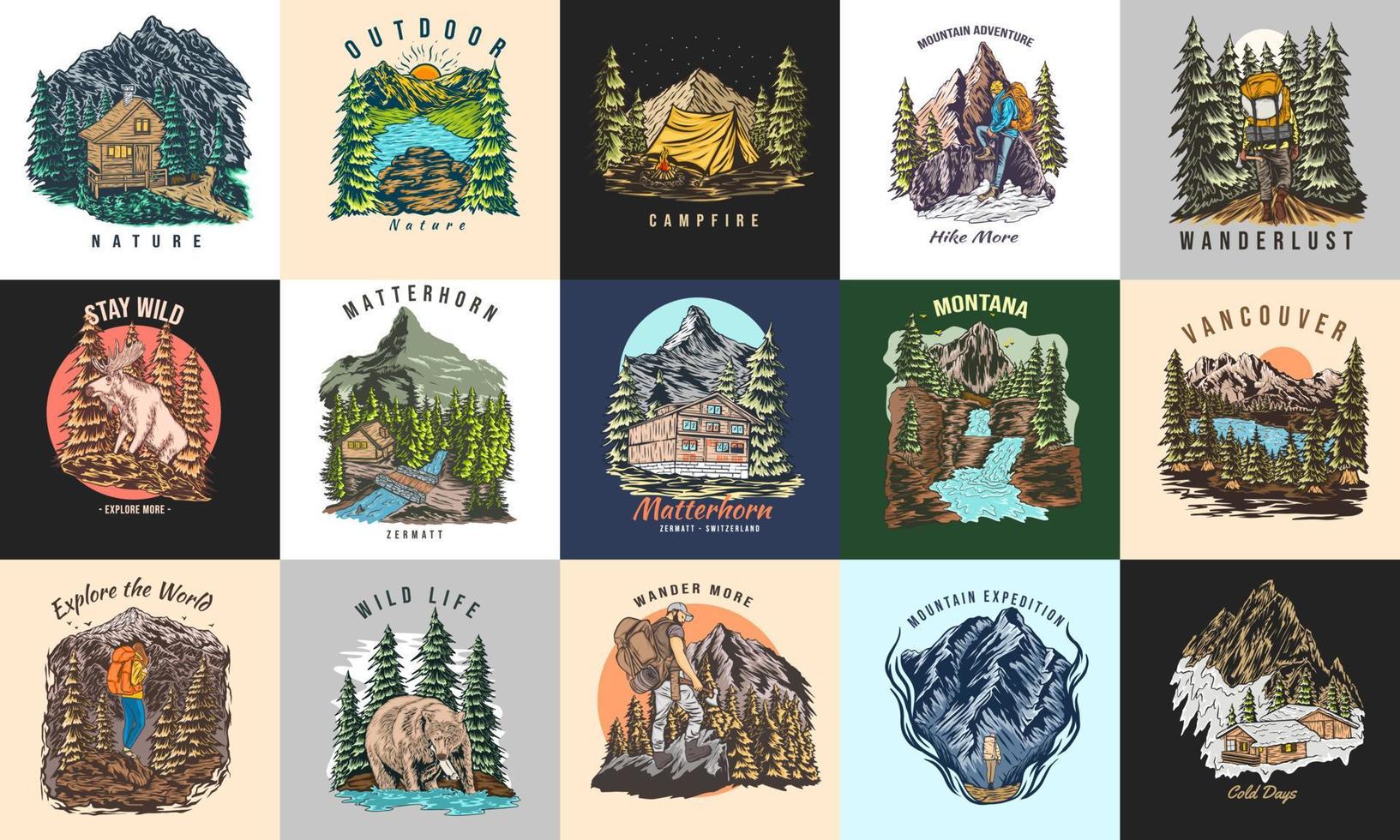 paquete de diseño de camisetas de senderismo de montaña, conjunto de logotipo de insignia de ilustración de camping al aire libre vector