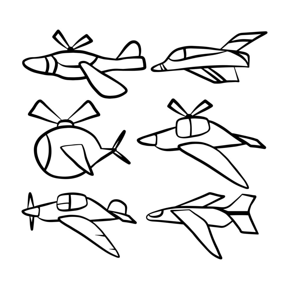 Set of airplanes hand drawn icons. The contours of the aircraft in doodle style isolated on white background. Simple graphic drawing decor for kids. vector