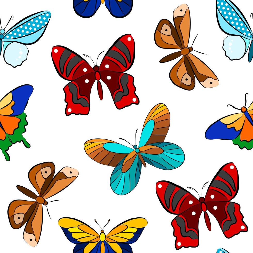 mariposa insecto aislado ilustración vectorial. plantilla de patrones sin fisuras de colores de dibujos animados. dibujo de etiqueta de contorno gráfico. conjunto de iconos de animales de mosca de garabato. vector