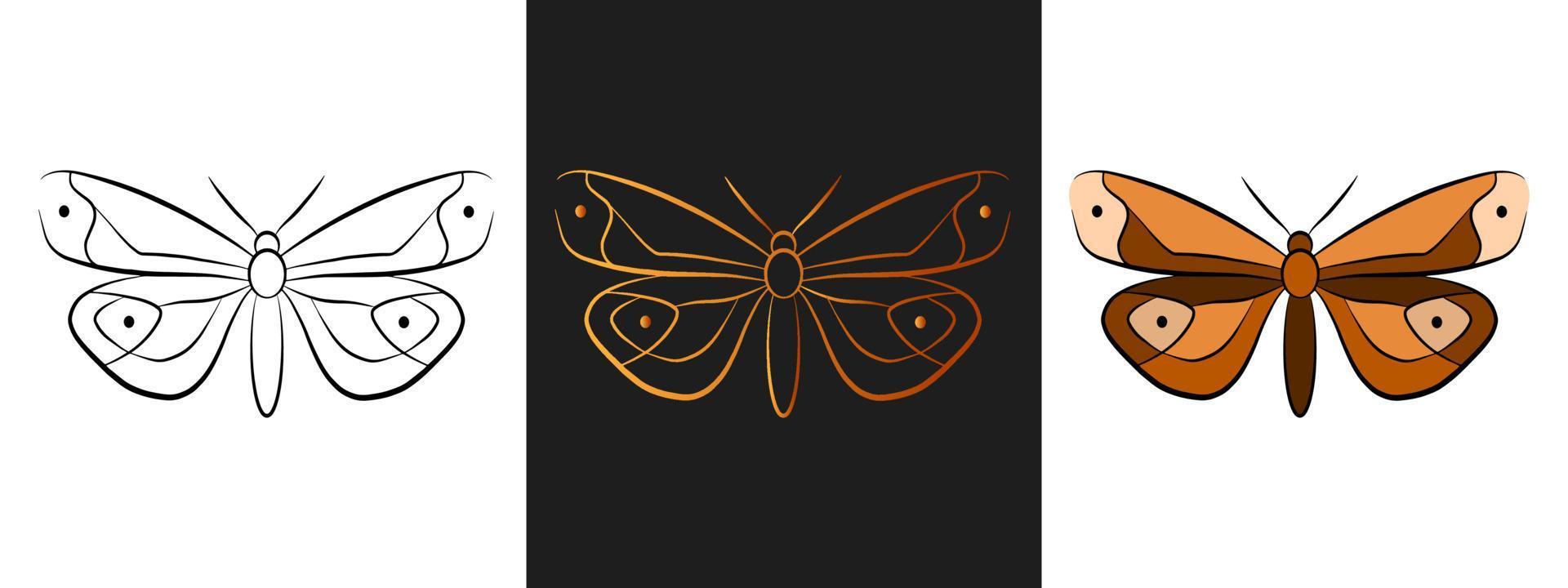 Butterfly animal outline logo design element. Black and gold outline contour, line art style isolated icon set. Beautiful tattoo template. Cartoon insect drawing. vector