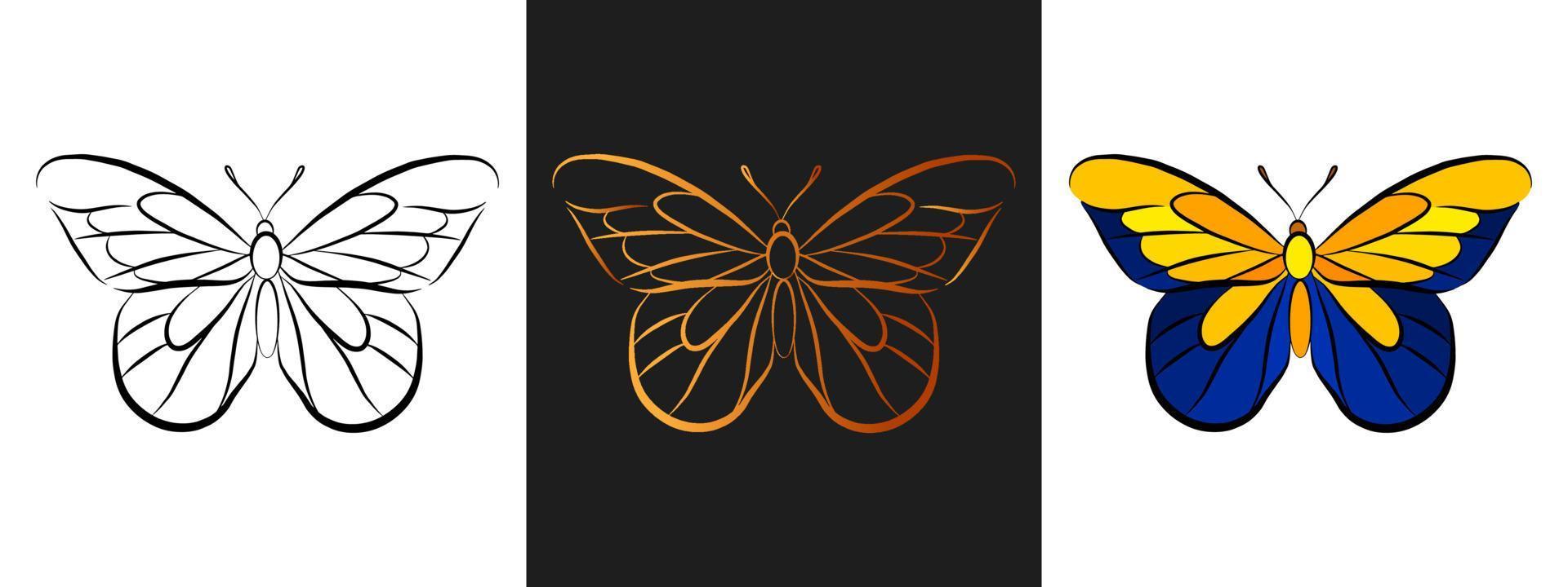 Butterfly animal outline logo design element. Black and gold outline contour, line art style isolated icon set. Beautiful tattoo template. Cartoon insect drawing. vector