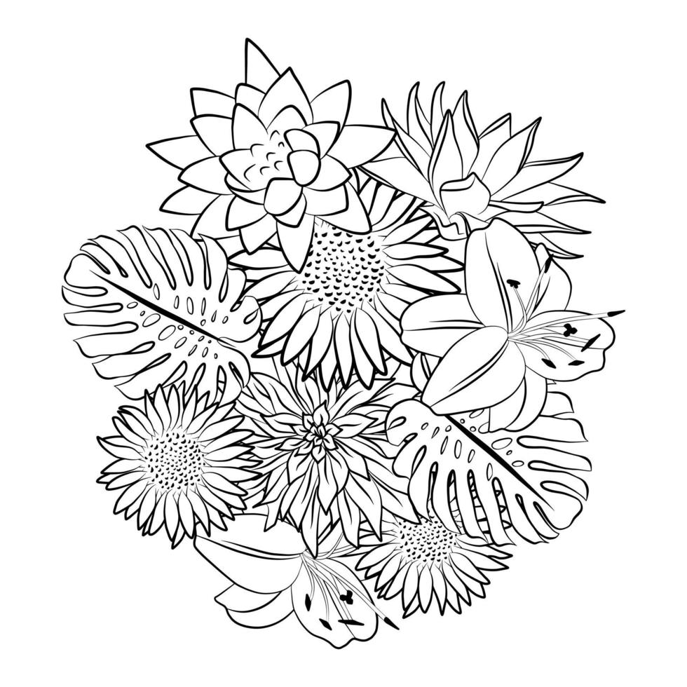 Graphic floral exotic tropical bouquet outline sketch drawing isolated on white vector illustration. Flat black contour flowers. Art therapy, colouring book page template. Botany bloom.