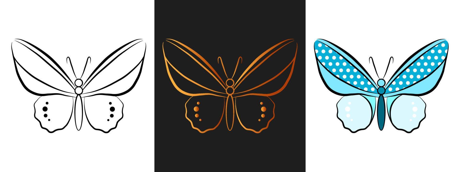 Butterfly animal outline logo design element. Black and gold outline contour, line art style isolated icon set. Beautiful tattoo template. Cartoon insect drawing. vector