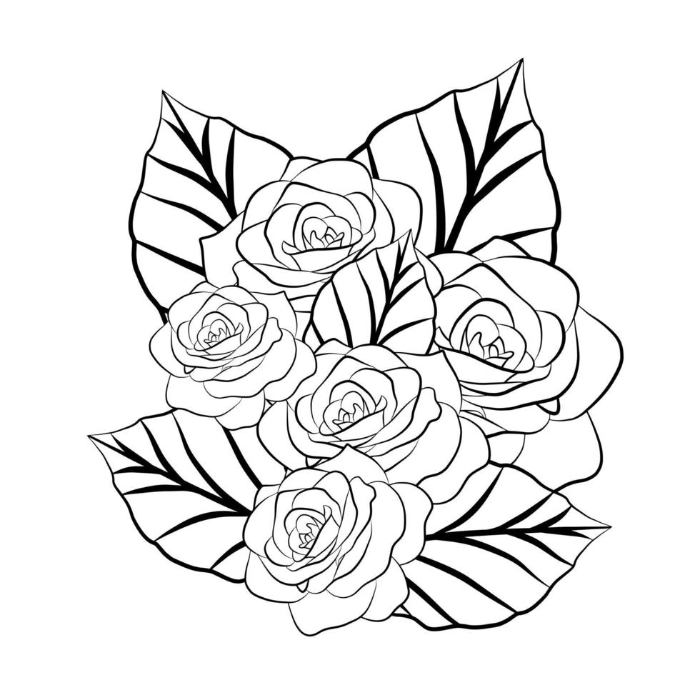 Graphic floral bouquet outline sketch drawing isolated on white vector illustration. Flat black contour flowers. Art therapy, colouring book page template. Botany rose flower bloom and leaves.