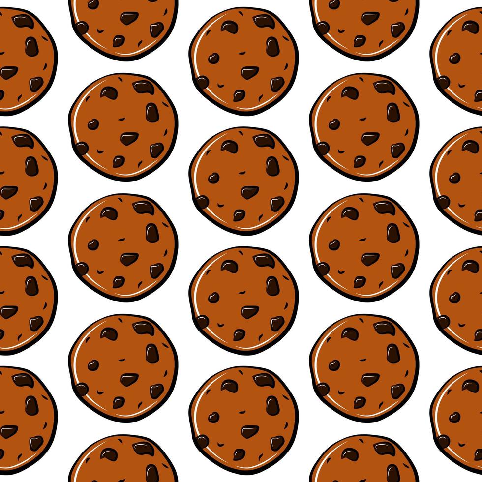 galletas de dibujos animados aisladas de patrones sin fisuras. fondo de pantalla de dibujo de garabato colorido de esquema de comida dulce. plantilla de impresión de tela gráfica. fondo de menú de cafetería o pastelería. papel de regalo marrón. vector