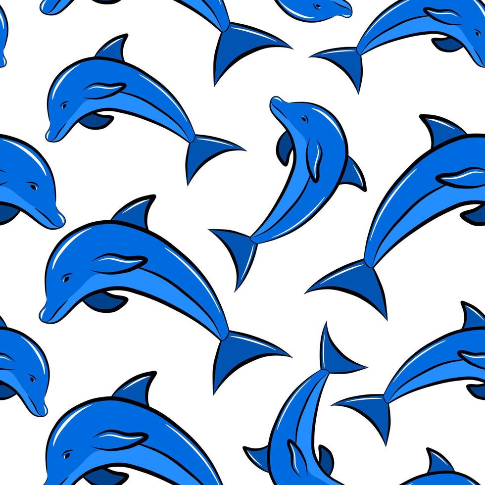 Cartoon blue dolphin seamless pattern isolated on white background. Textile print or nursery wallpaper vector template. Sea fish, animal wildlife. Nautical graphic backdrop.