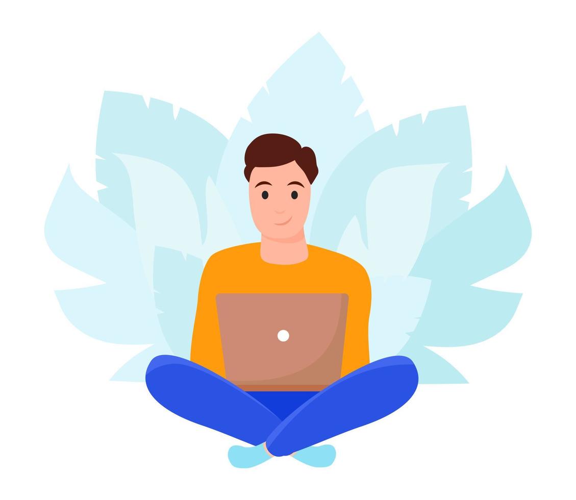 Young man sitting with laptop. Freelance, online studying, work from home concept. Vector illustration in flat style.