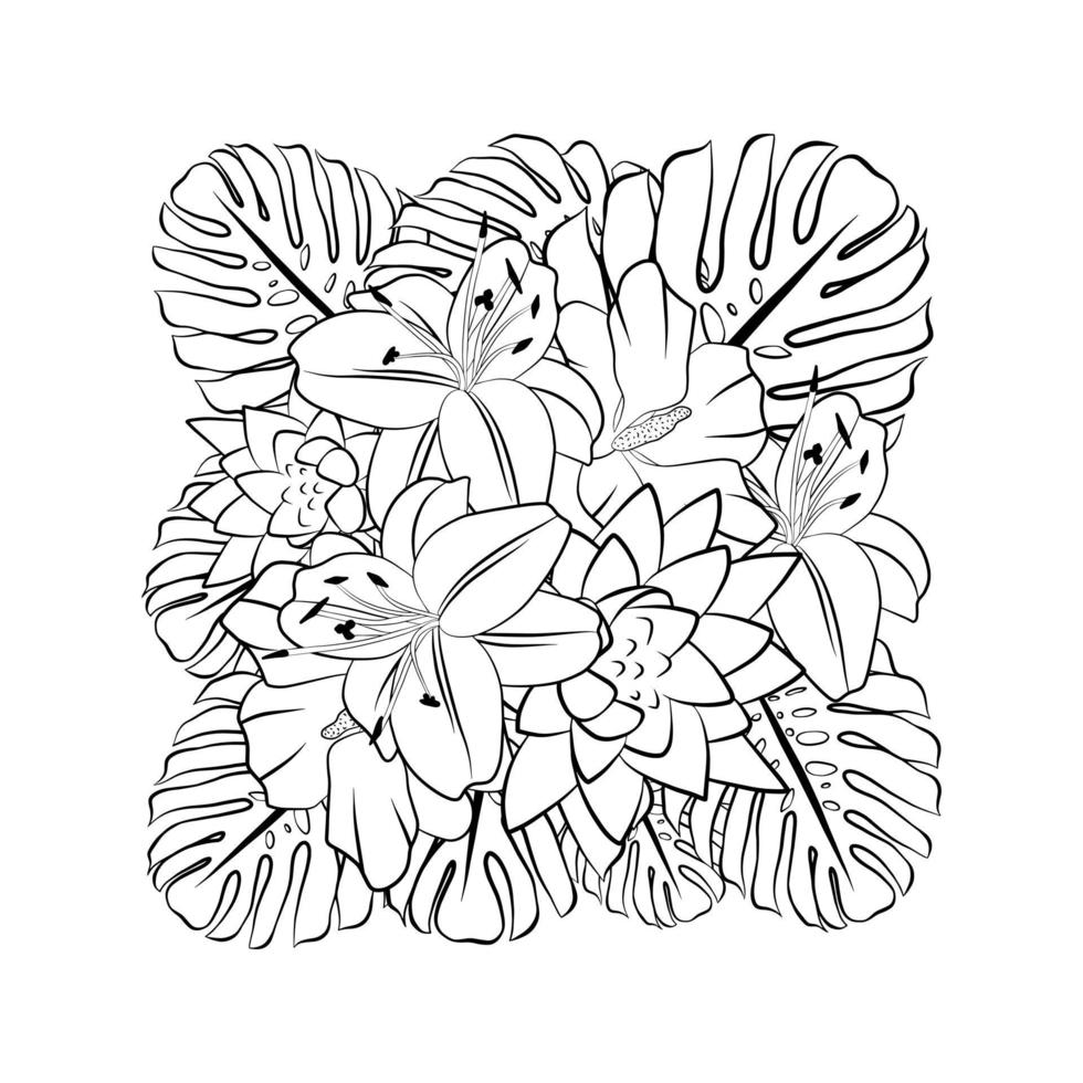 dibujo de boceto de esquema de ramo floral gráfico aislado en ilustración de vector blanco. flores de contorno negro plano. terapia de arte, plantilla de página de libro para colorear. hojas exóticas tropicales de monstera.