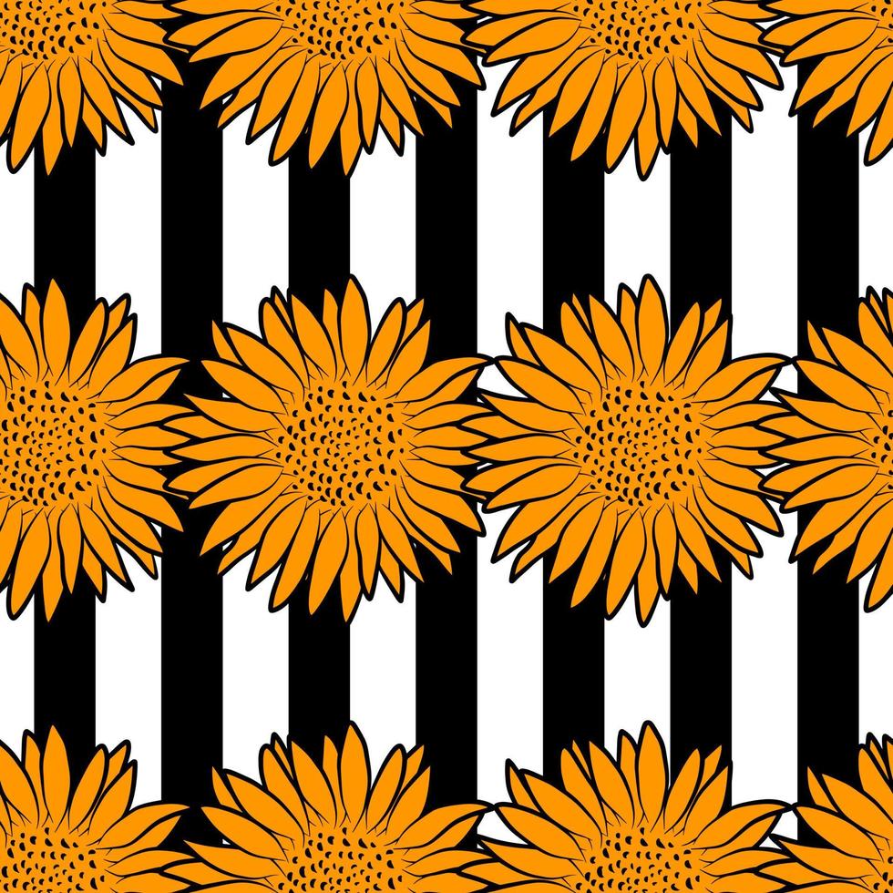 Retro style sunflower seamless pattern with black stripes. Abstract floral botanical fabric print template. Wallpaper vector design illustration. Summer graphic outline drawing texture.