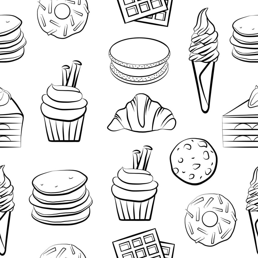 esquema de alimentos dulces dibujo plantilla de patrones sin fisuras, vector aislado sabroso fondo de cocina, pizarra negra de garabato simple. galletas, donas, tortas, panqueques, croissant, helado, muffin.