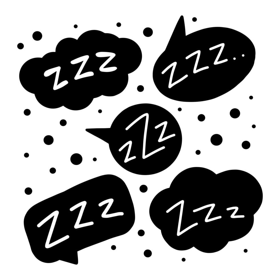 Zzz sleep bubble with text. Snore. Printable graphic tee. Design doodle for print. Vector isolated illustration set. Black cloud tag. Zzz cartoon hand drawn comic style. Icon for sleeping mode.